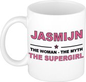 Naam cadeau Jasmijn - The woman, The myth the supergirl koffie mok / beker 300 ml - naam/namen mokken - Cadeau voor o.a verjaardag/ moederdag/ pensioen/ geslaagd/ bedankt