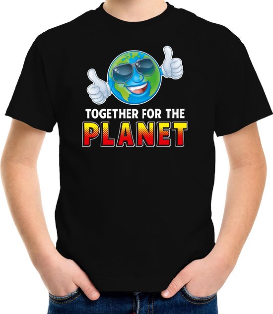 Funny emoticon t-shirt Together for the planet zwart voor kids - Fun / cadeau shirt 158/164