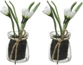 6x Witte Crocus/krokusjes kunstplanten 15 cm in glazen pot - Kunstplanten/nepplanten -  Pasen/voorjaar versiering/decoratie