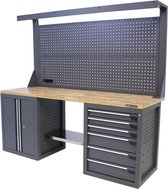 Kraftmeister werkbank 200 cm - Werktafel met gereedschapswand, 6 laden, 1 opbergkast en eiken werkblad - Grijs