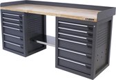 Kraftmeister werkbank 200 cm - Werktafel met 12 laden en eiken werkblad - Grijs