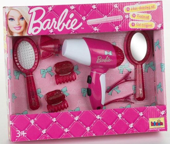 Klein Toys Barbie kapsalon met haardroger – blaast lucht en maakt geluid – inclusief haar accessoires