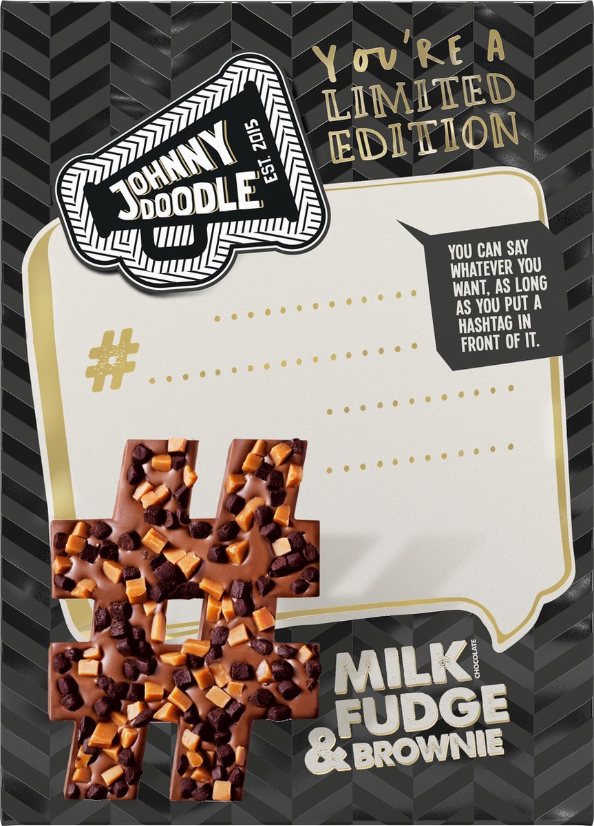 Johnny Doodle Milk Fudge & Brownie Chocolate Hashtag 150g bol