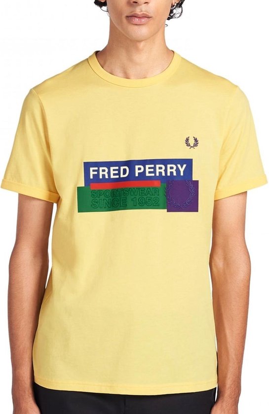 Fred Perry - Mixed Graphic T-shirt - Geel T-shirt - M - Geel