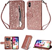 iPhone X / XS Glitter Bookcase hoesje Portemonnee met rits  - Rose Goud