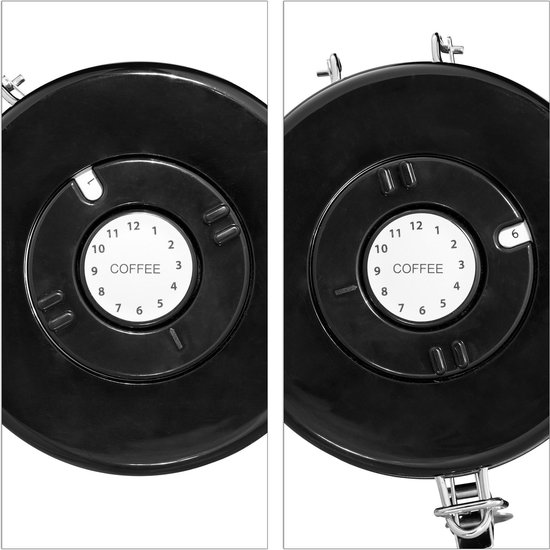 Detailopname van de deksel van een zwarte koffiebus met wijzerplaat waarop "COFFEE" en cijfers staan.