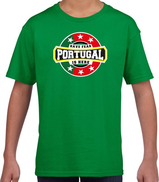 Have fear Portugal is here t-shirt met sterren embleem in de kleuren van de Portugese vlag - groen - kids - Portugal supporter / Portugees elftal fan shirt / EK / WK / kleding 110/116