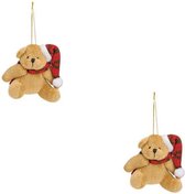 2x Kersthangers knuffelbeertjes beige met rode sjaal en muts 7 cm - Kerstboomversiering ornamenten