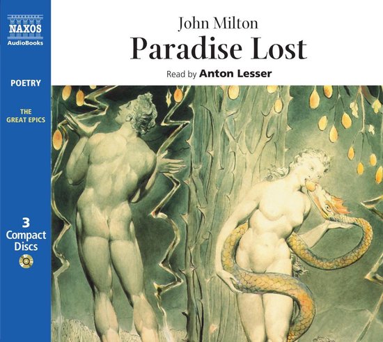 Couverture de livre avec une peinture d'Adam et Ève avec le serpent. Titre : John Milton Paradise Lost.