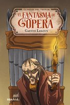 Boekomslag voor 'El fantasma de la Ópera' met een geanimeerd, bleek personage met groen oplichtende ogen en een kandelaar in een orkestbak.