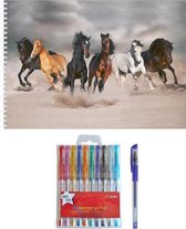 Schetsboek Paarden liefhebbers thema A4 50 paginas met 10 gelpennen - Tekenen creatief cadeau voor kinderen/meisjes