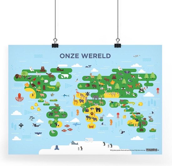 Educatieve poster (Posterpapier) - Topografie wereld onze dieren