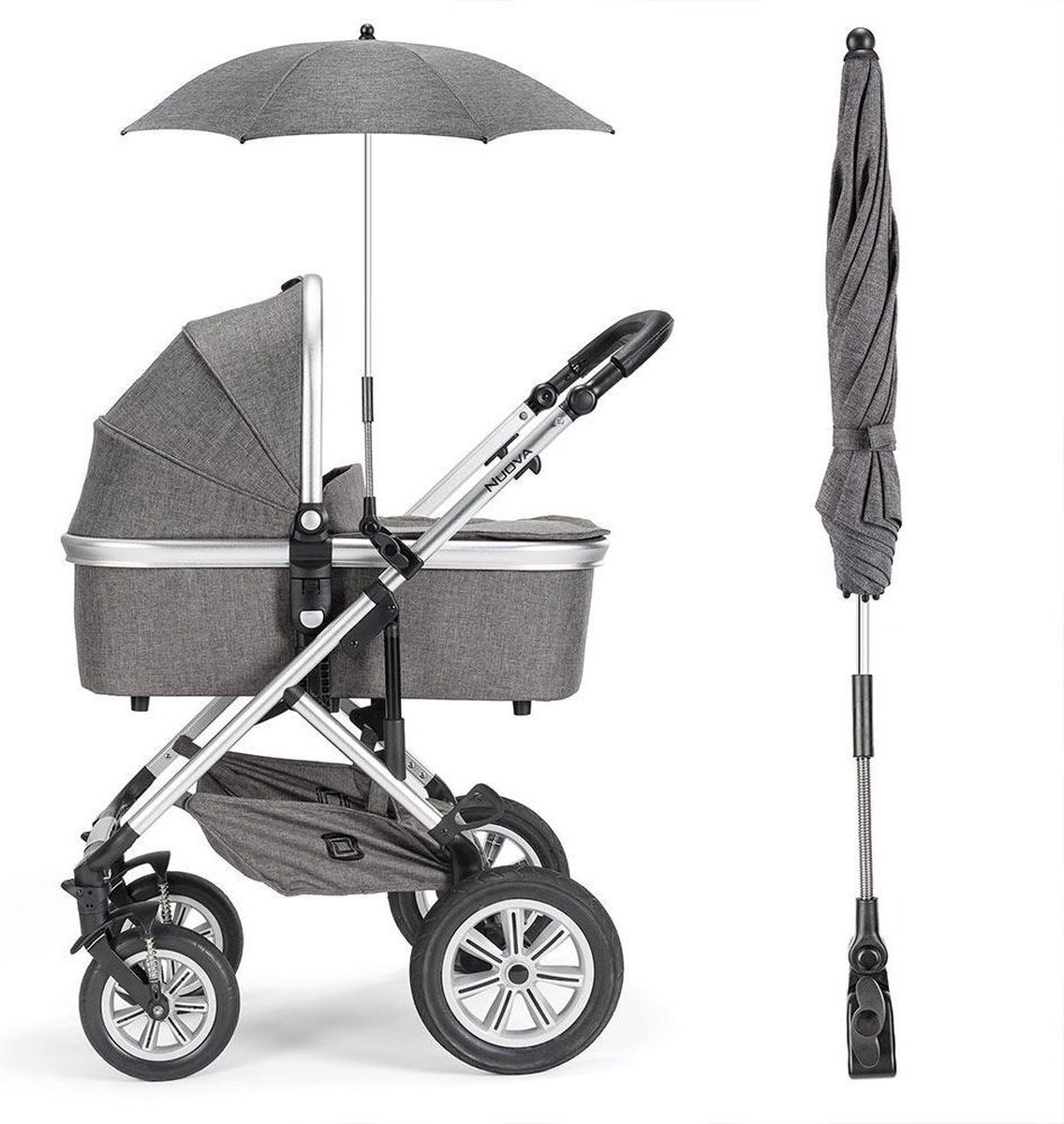 Zamboo Universal Sonnenschirm UV 50 für Kinderwagen & Buggy | flexibler Sonnenschutz mit 73 cm Durchmesser, einfach montierbar auf Rund- und Ovalrohre - Grau