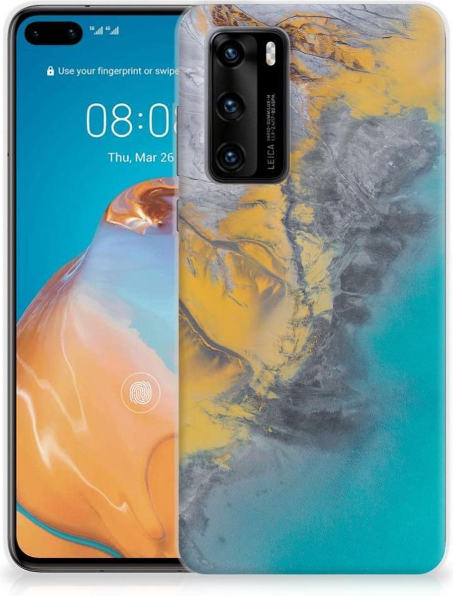 Huawei P40 TPU Siliconen Hoesje Marble Blue Gold