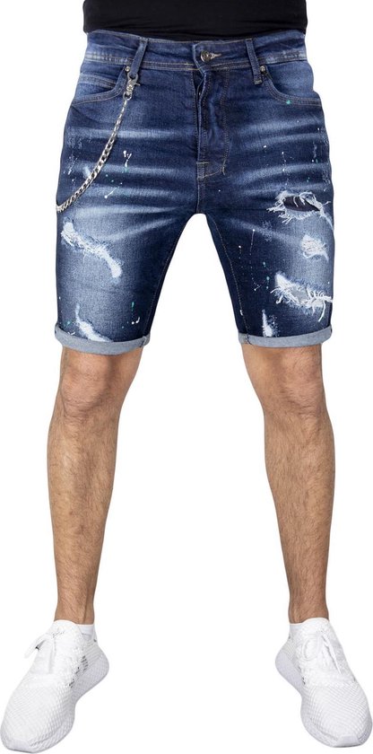 Blauwe Heren Jeans met Oranje Verfspatten - Black-Leo.nl