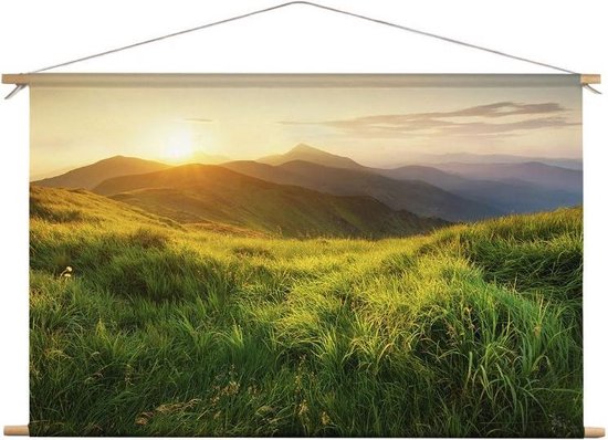 Groen landschap met zonsondergang | 120 x 80 CM | Natuur | Schilderij | Textieldoek | Textielposter | Wanddecoratie
