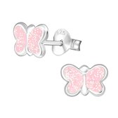 Oorbellen meisje | Kinderoorbellen meisje zilver | Zilveren oorstekers, roze vlinder met glitters | WeLoveSilver