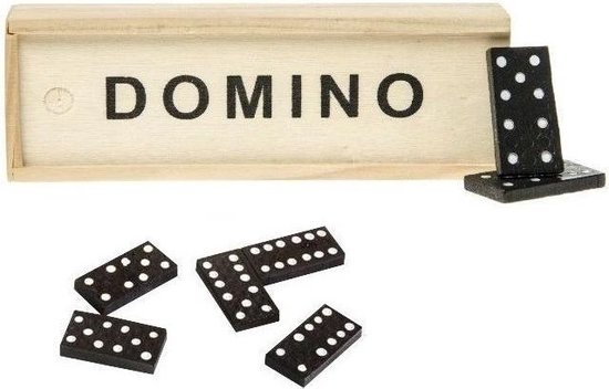 Thumbnail van een extra afbeelding van het spel 2x Domino spellen in houten kistjes - 15 x 5 x 3 cm - 56x dominostenen/steentjes