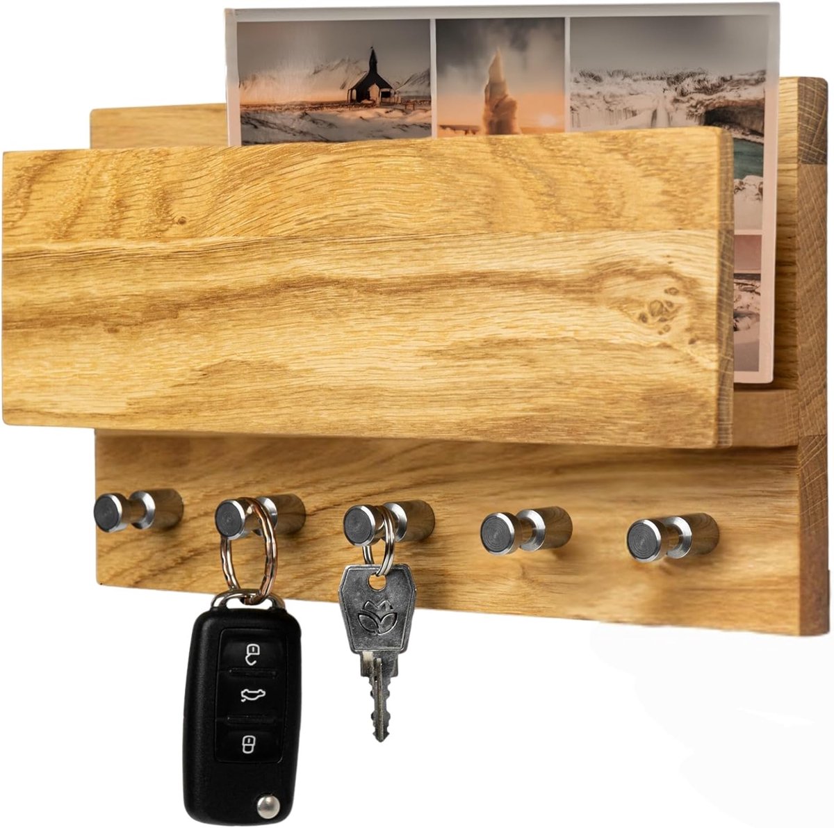 Sleutelrek met Legplank van Massief Eikenhout 26 x 15 x 5,5 cm – Handgemaakt Wand Sleutelbord met RVS Haken – Duurzaam & Natuurlijk Geolied – Pauwhome