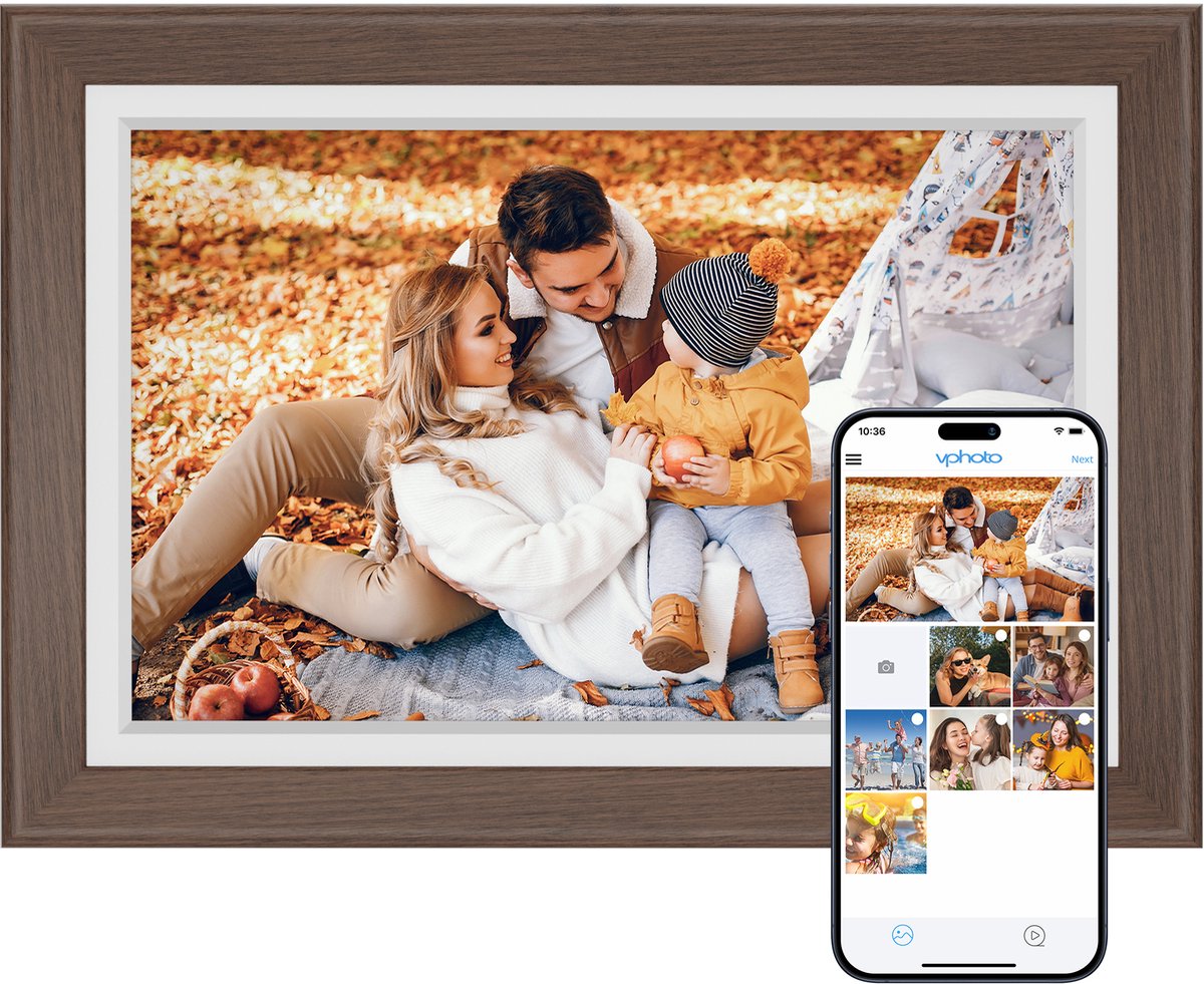 Dragon Touch Digitale Fotolijst - 10.1 inch - HD Touchscreen- Hout - Fotokader- WiFi - 32GB - Bruin