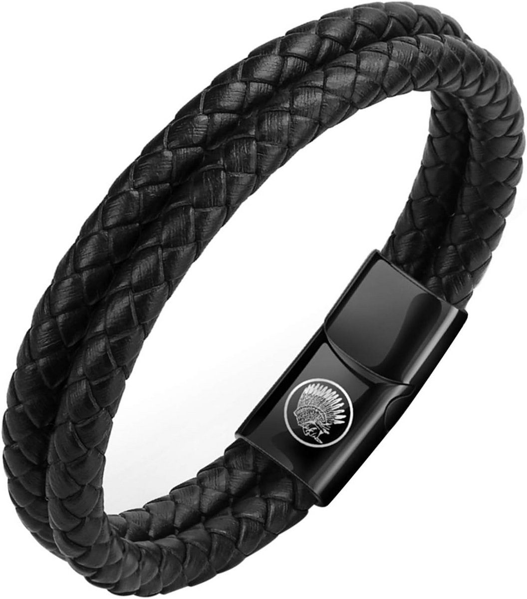 Klassieke handgevlochten leren herenarmband met magneetsluiting