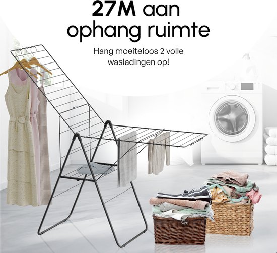 Een zwart droogrek met wasgoed, een mand met was en een wasmachine op de achtergrond. Tekst: '27M aan ophang ruimte'.