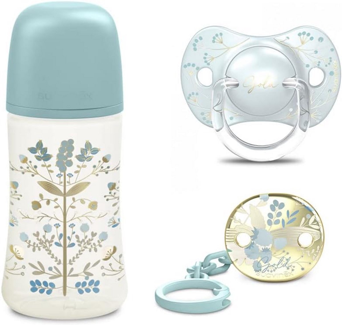 Luxe Baby Cadeauset met Fles, Fopspeen en Clip | Lichtblauw & Goud