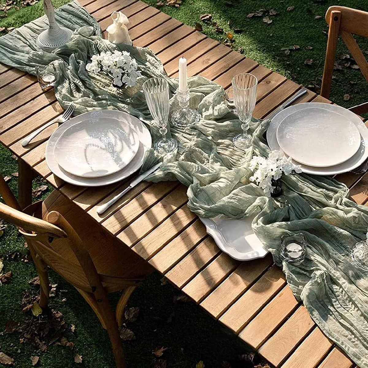 Rustieke Tafelloper van Mousseline Gaas - Eucalyptus Groen - 300x80 cm - Wasbaar