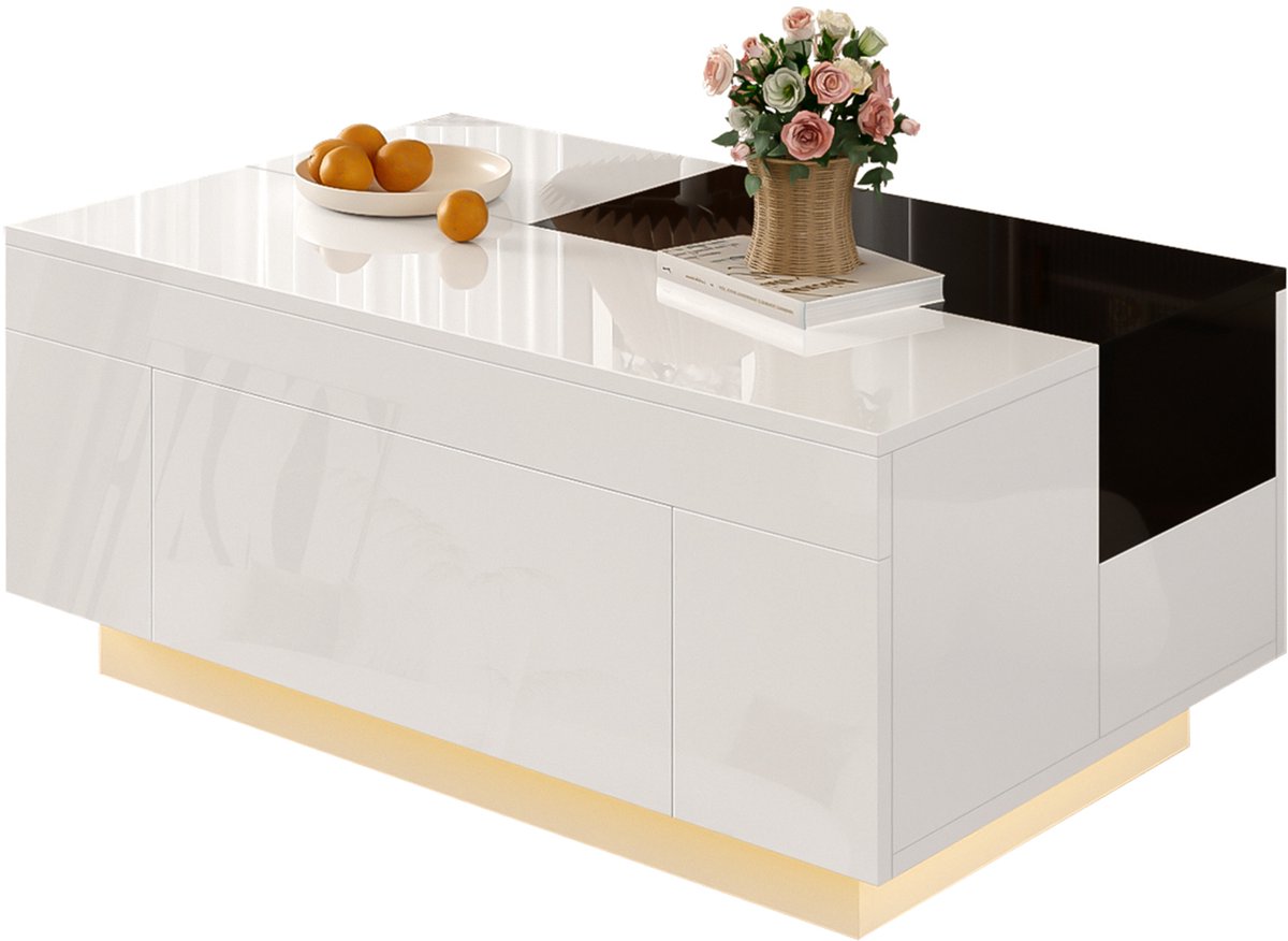 Clruro Salontafel - Verstelbaar - LED 16 Kleuren en Uitschuifbaar - Verborgen Opbergruimte - MDF - Zwart en Wit Zwart, Wit