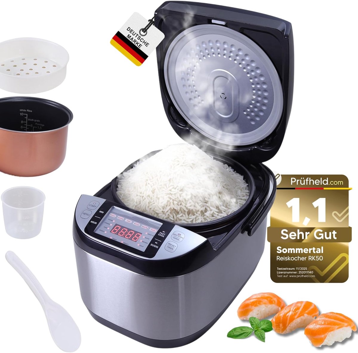 Sommertal rijstkoker 5 liter XXL voor 1 tot 15 personen | 790 W | Multikoker met touchscreen, 3D-verwarmingssysteem, warmhoudfunctie, afneembare kabel van 105 cm | Stoomkoker met stoominzet en accessoires | RK50