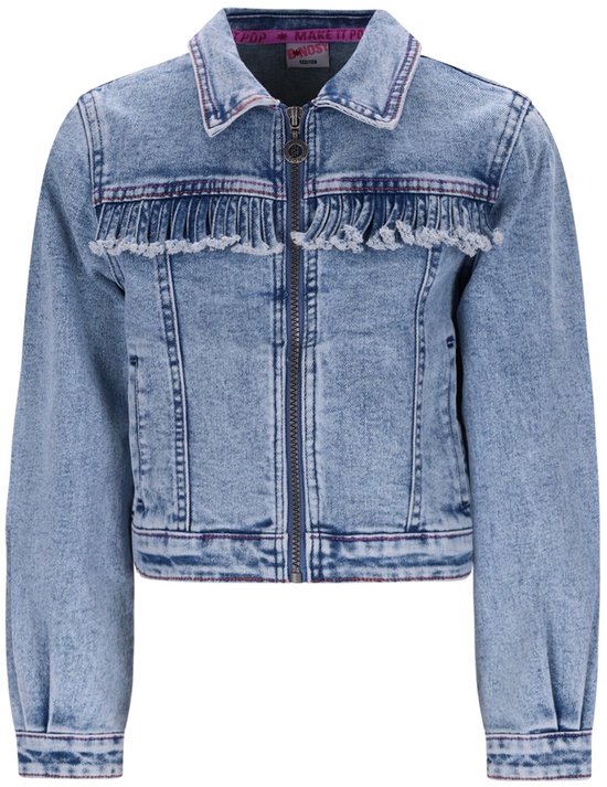 Blauw spijkerjack met franjes, rits en roze stiksels. Op de kraag staat 'MAKE IT POP'.