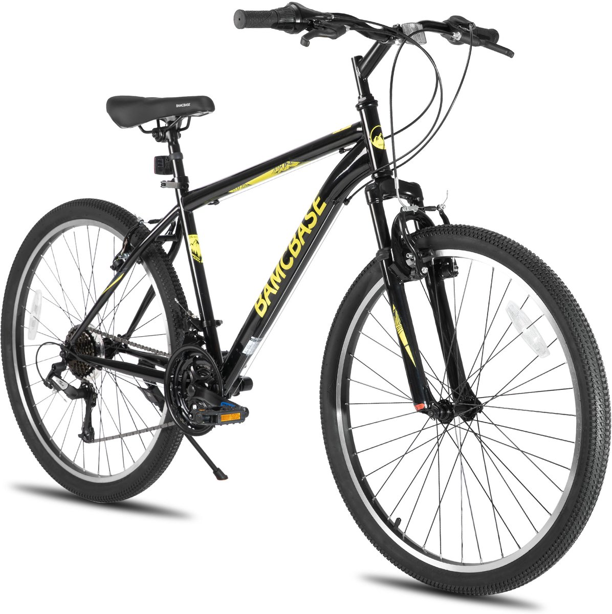 BAMCBASE Mountainbike - 26 Inch - 21 Versnellingen - Hardtail MTB voor Heren & Dames - V-Brakes - Zwart - Geschikt voor buitenactiviteiten in de lente