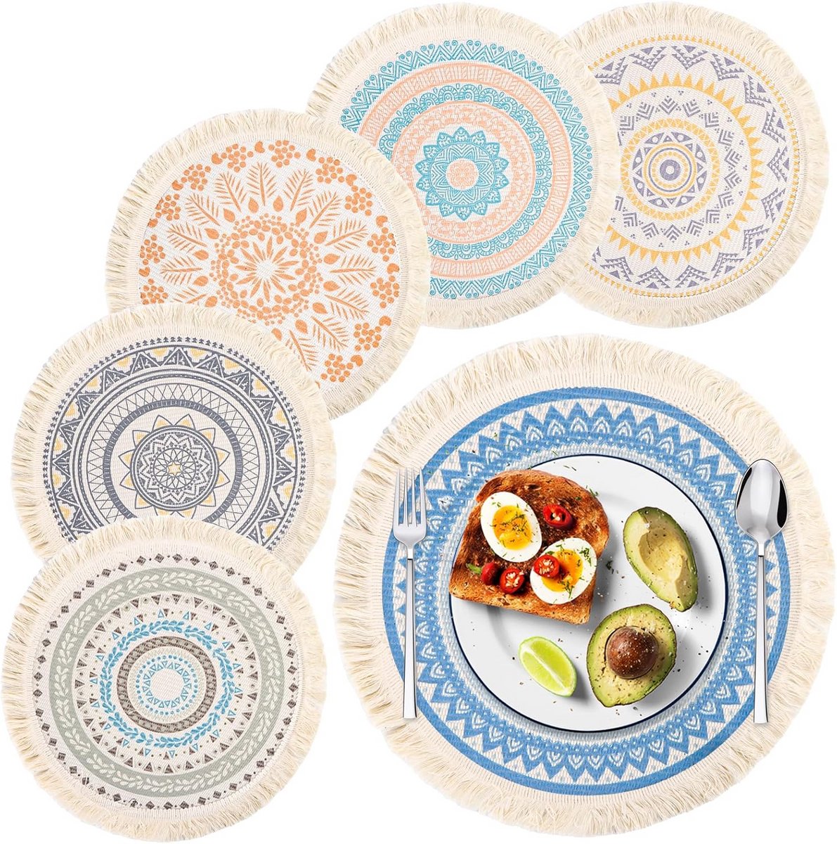 Set van 6 Ronde Geweven Placemats 33 cm Boho Katoenen Tafelsets Hittebestendig