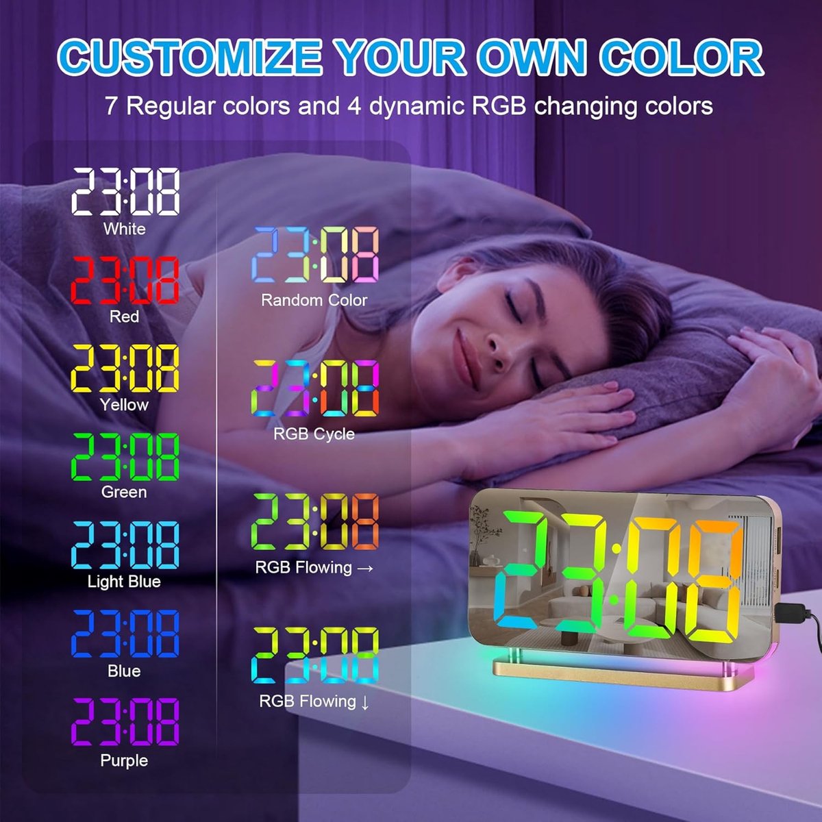 Digitaal Wekkerhorloge - Digitaal LED Elektronisch Bureauwekker - 11 Kleuren Tijdsweergave en RGB 10-Modus Nachtlamp - USB-C Oplaadbare Bedside Klok met Projectie - Geschikt voor Slaapkamer en Kantoor - Gouden Kleur — cadeau in Wonen & Interieur - foto 3