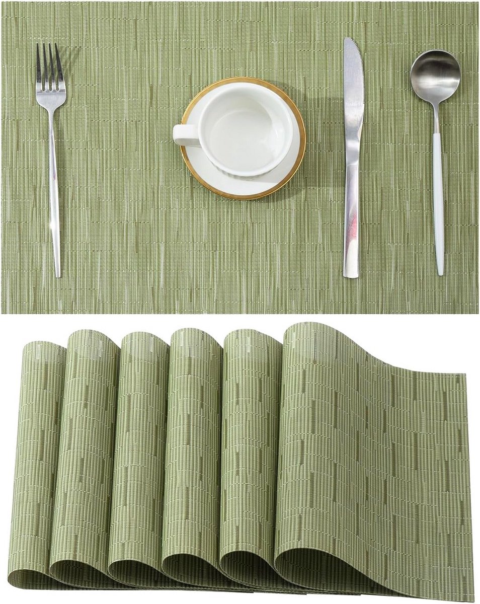 Set van 6 Placemats Erwtgroen - Hittebestendig en Antislip Tafelmatten