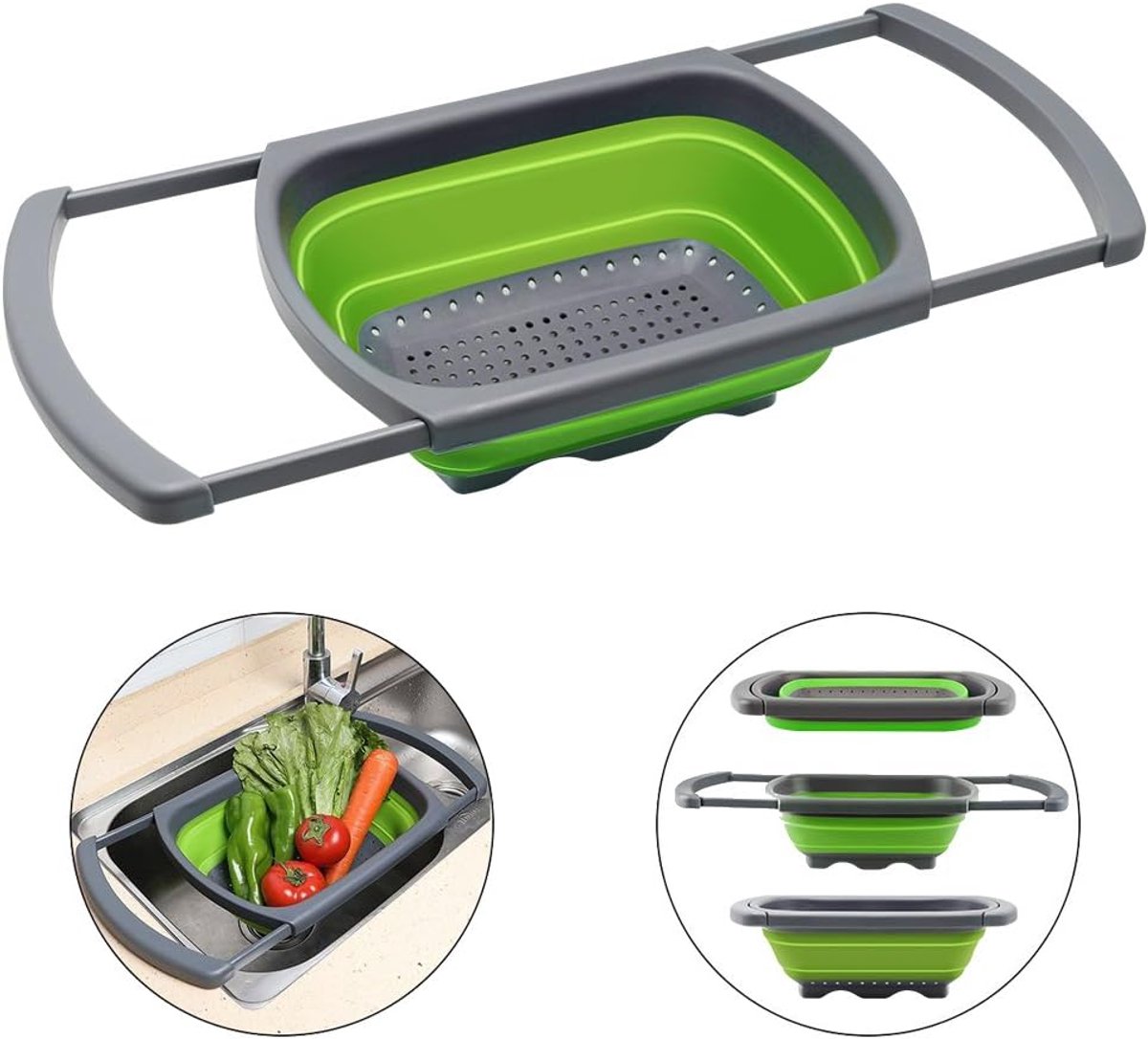 Inklapbaar Silicone Vergiet Met Uitrekbare Handgrepen - Voor Wastafel - Groente