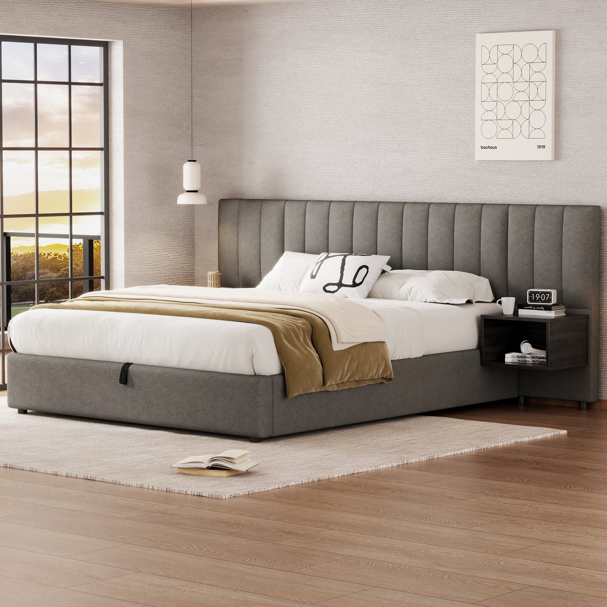 Merax 180 x 200 cm gestoffeerd bed - brede nachtkastjes met opbergruimte - linnen - zonder matras - grijs en zwart
