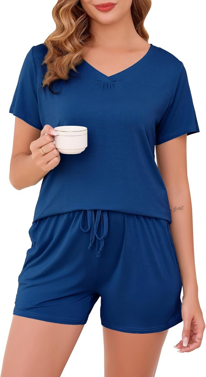 Dames Pyjama Set Kort met V-hals Zacht Nachtkleding Zomer Loungewear