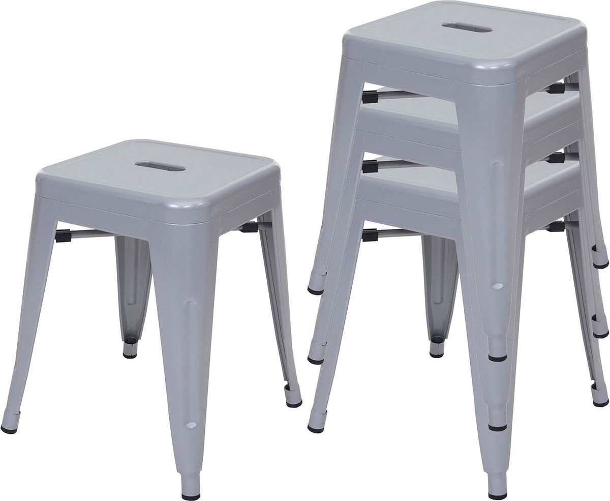 Set van 4 Stapelbare Krukken met Houten Zitting Grijs Industrieel Design