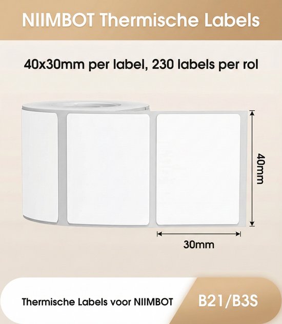 Rol met witte thermische labels van 40x30mm, 230 labels per rol.