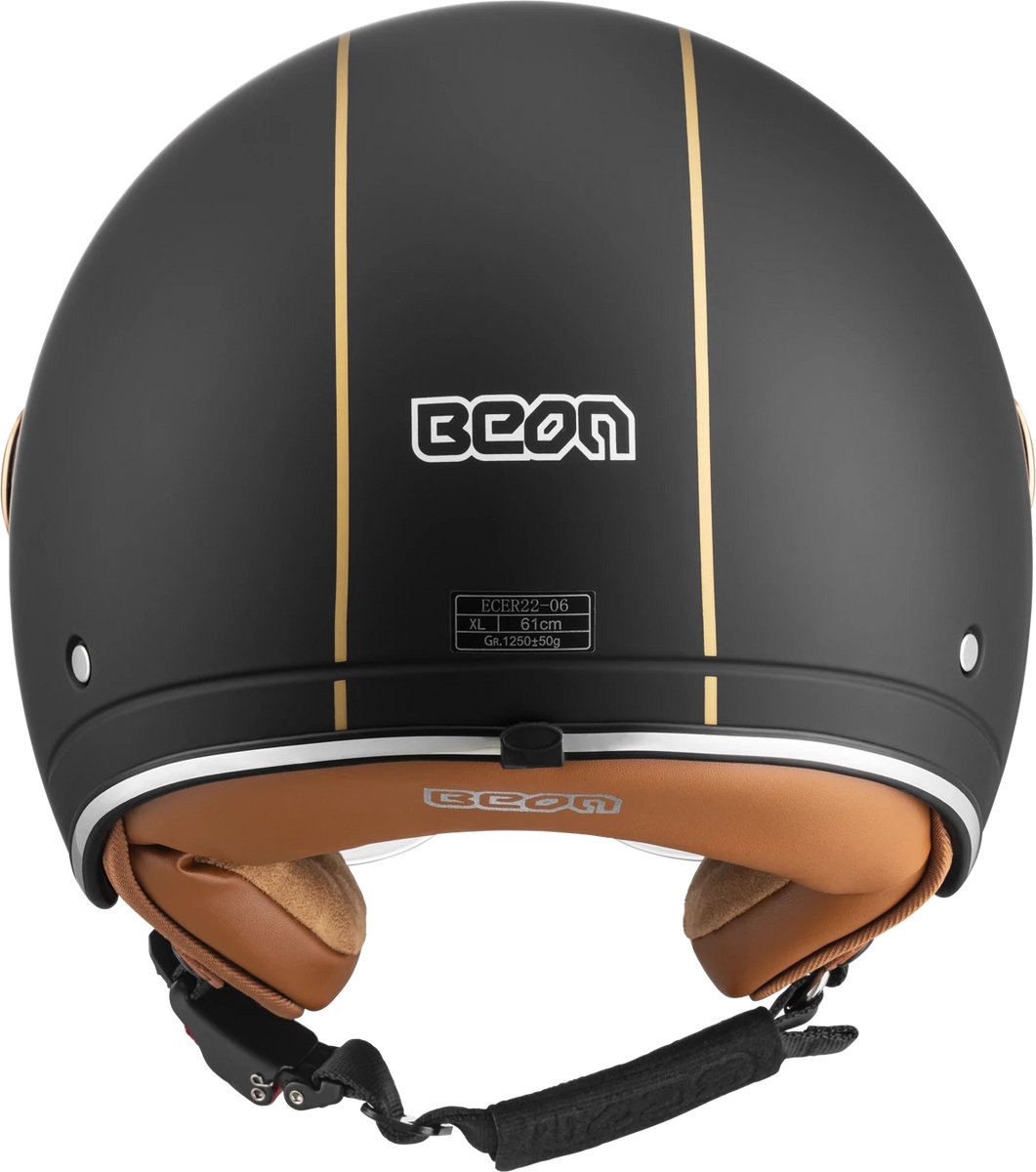 BEON B120 Scooterhelm - M - Jethelm met Zonnevizier - Motorhelm - Geschikt voor Vespa, Scooter, Brommer, Motor en Snorfiets - Mat Zwart met Bruin Leer – foto 2