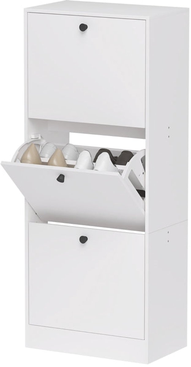 Merax Smalle Schoenenkast met 3 Kleppen 47x28x115 cm – Schoenenkast voor 12 Paar – Verstelbare Tussenschotten – Wit
