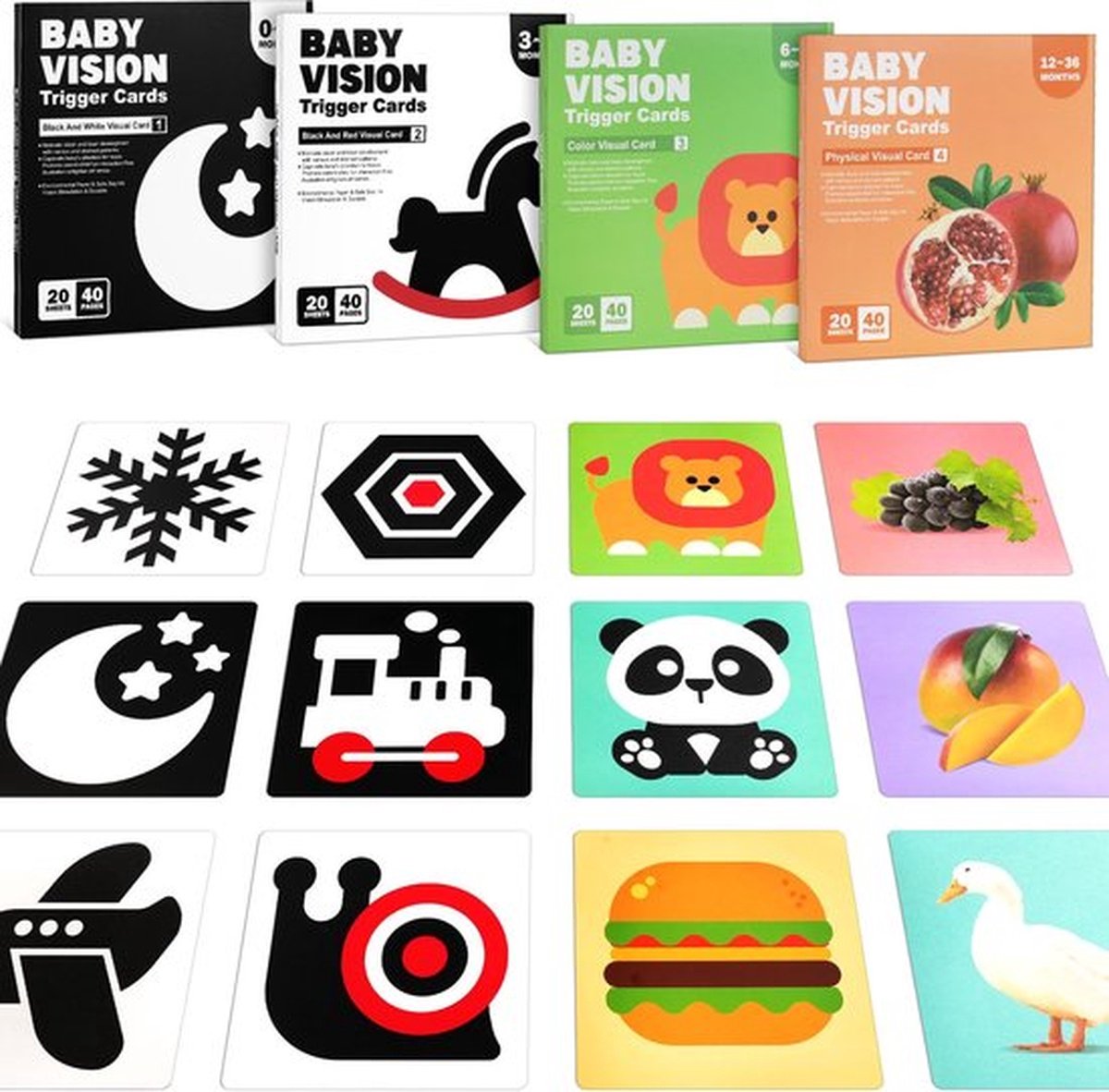 80 Stuks Zwart-Wit Contrastkaarten voor Baby - Speelgoedkaarten voor Visuele Stimulatie en Hersenontwikkeling voor Peuters van 0-6 Maanden - Montessori Cognitie Speelgoed Baby Cadeau