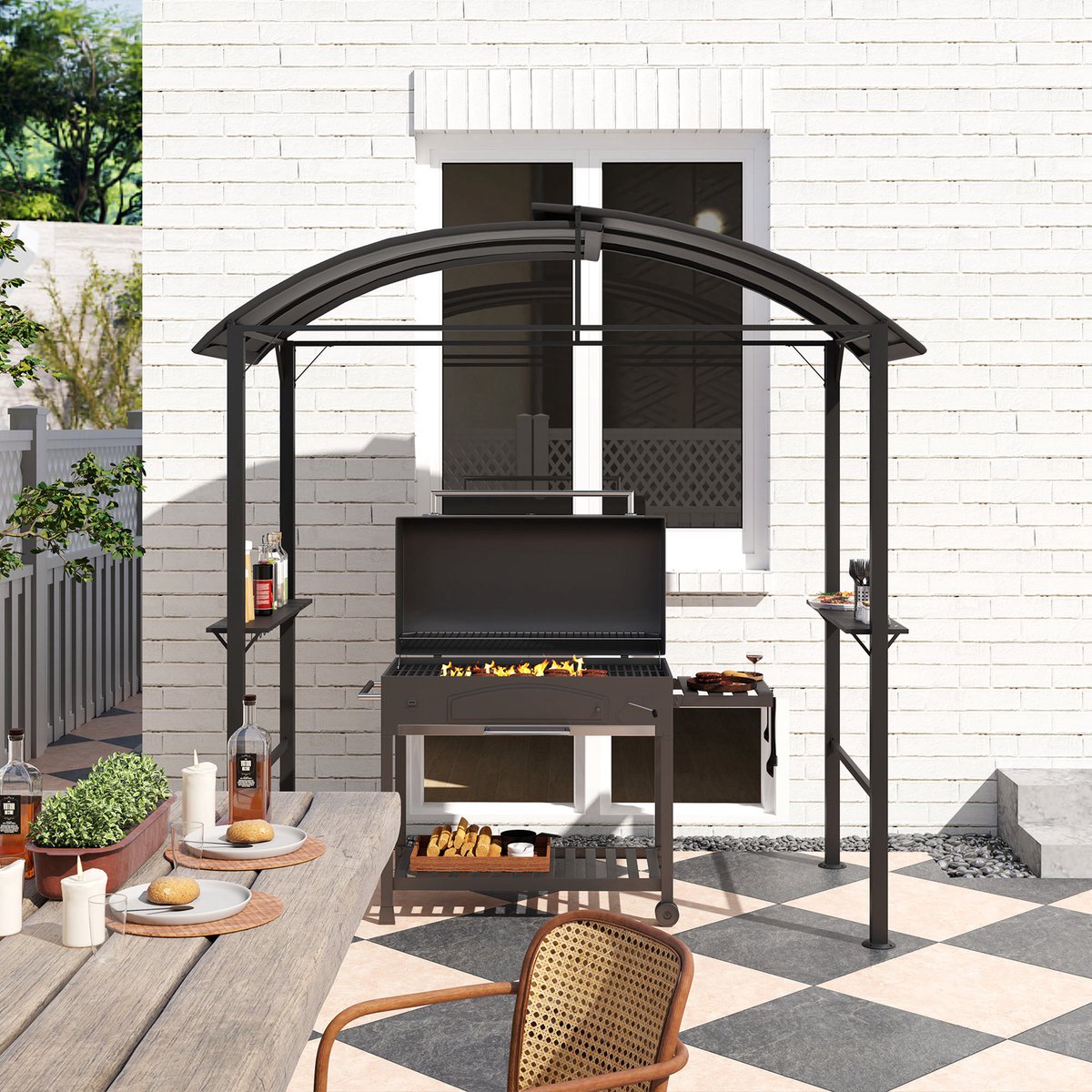 Wishdor - Barbecuepaviljoen - Dubbel Dak En Zijplanken - Voor Barbecue - Staal - Donkergrijs - 233 x 110 x 235 cm