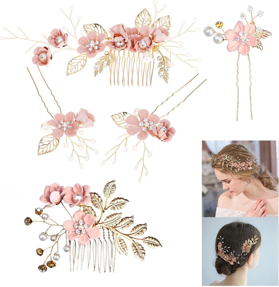 Set van 5 Roze Bruids Haaraccessoires met Bloem en Kristalversiering