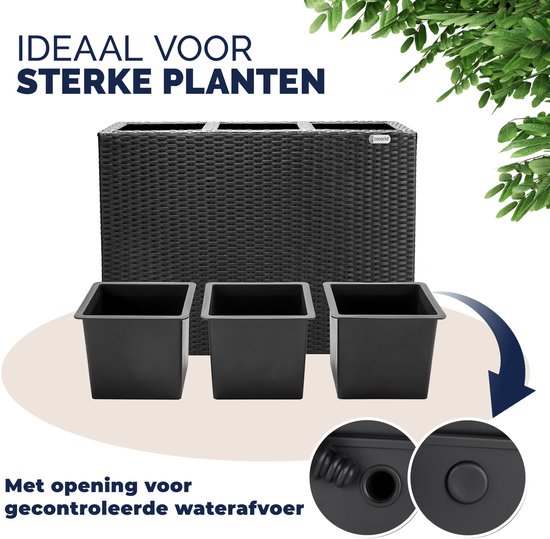 Zwarte plantenbak in polyrotan-look met drie vakken. Tekst: "Met opening voor gecontroleerde waterafvoer". Twee details van de waterafvoer.