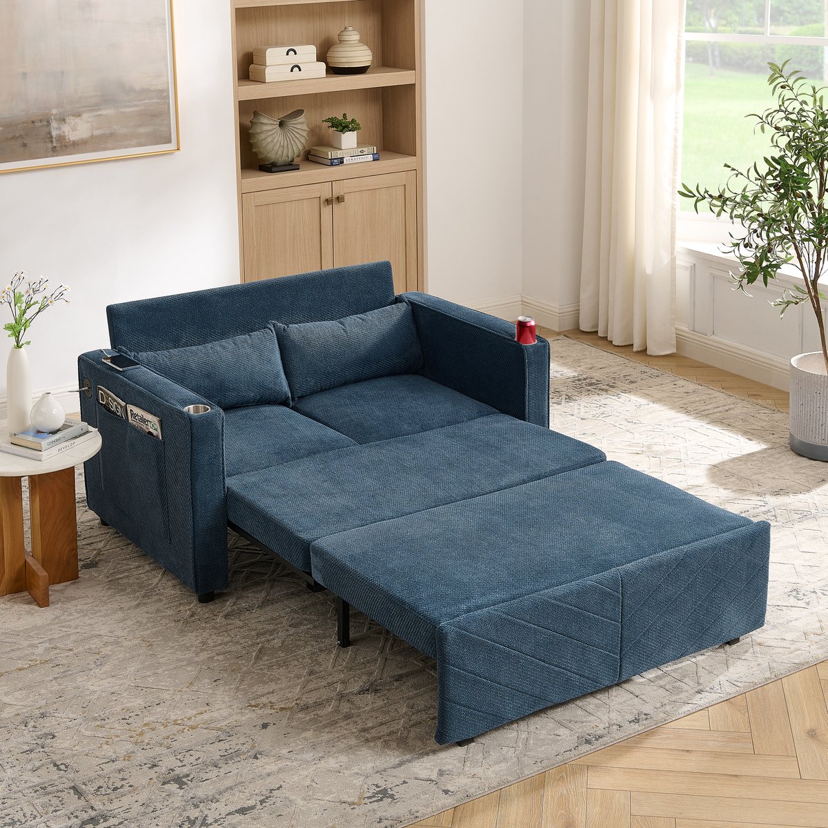 OKWISH Slaapbank 2-Zits - Uitschuifbaar 3-In-1 Ontwerp Met Usb-Oplaadpoort - Woonkamer Of Logeerkamer - Hout En Stof - Donkerblauw Marineblauw
