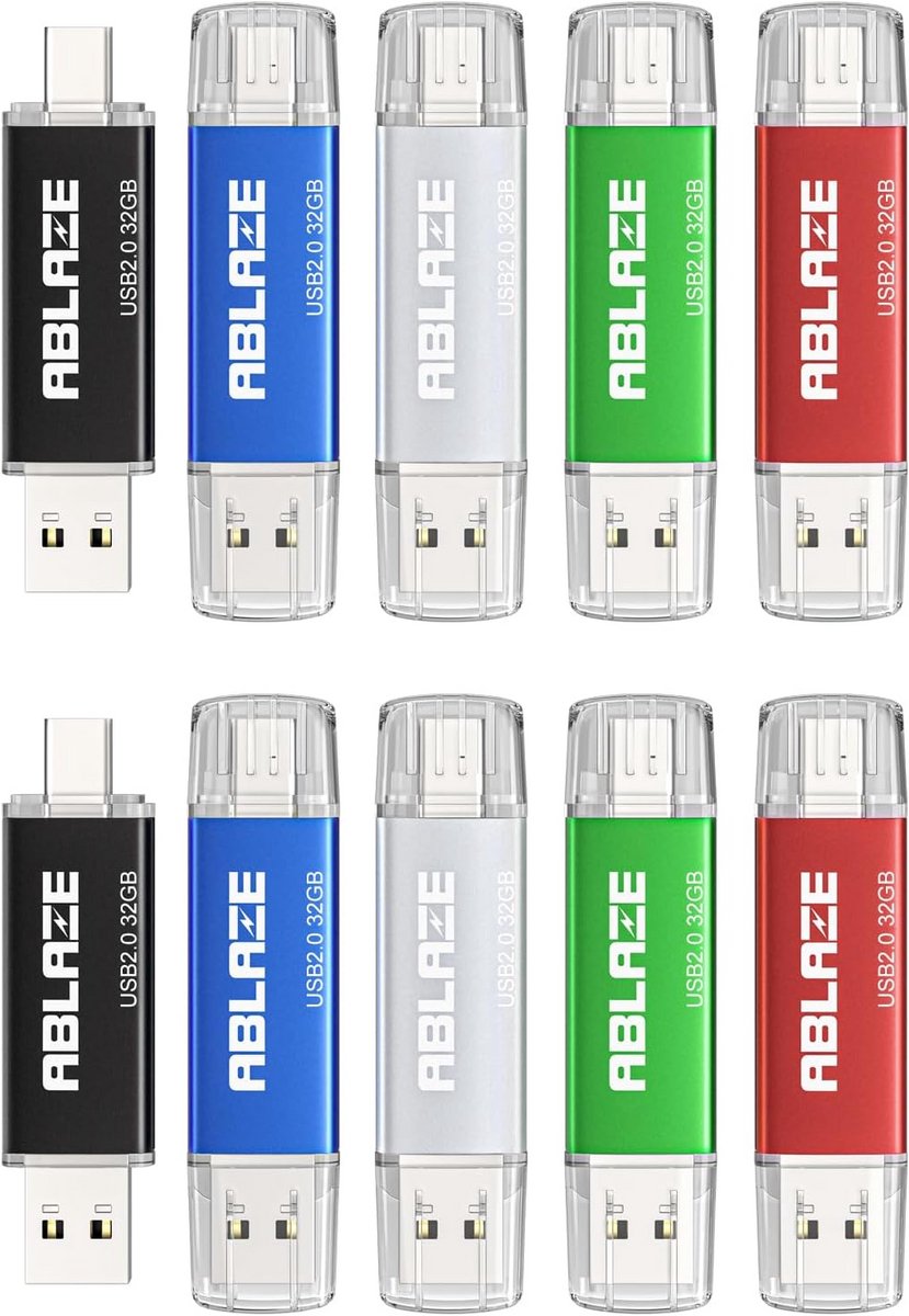 Set van 10 OTG USB-C & USB 2.0 Flash Drives (32GB) - Dual Connectiviteit voor Telefoon en Laptop