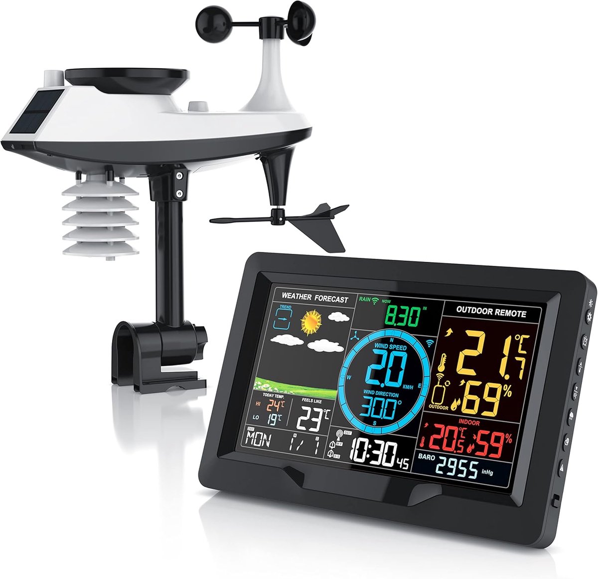 5-in-1 wekkerradio weerstation - Met buitensensor, weervoorspelling, anemometer, regenmeter, thermometer, hygrometer, barometer, DST, zonnepaneel