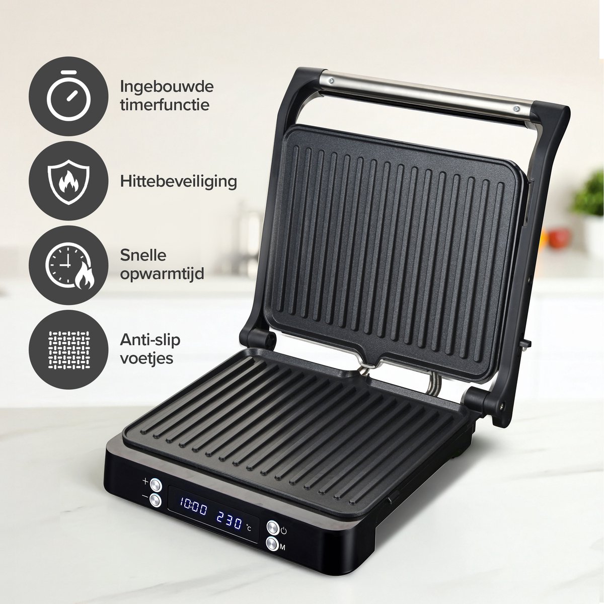 Olvy Tosti Apparaat XL - Panini - Timerfunctie - Temperatuurregeling - Voor 4 Tosti's - Croque Monsieur Toestel - PFAS Vrij - Grill Ijzer - Contactgrill - Apparaten - Uitklapbaar — cadeau in Kookcadeaus - foto 3